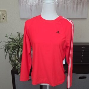adidas Bright Pink Long-Sleeve Performance Tee with White Stripes